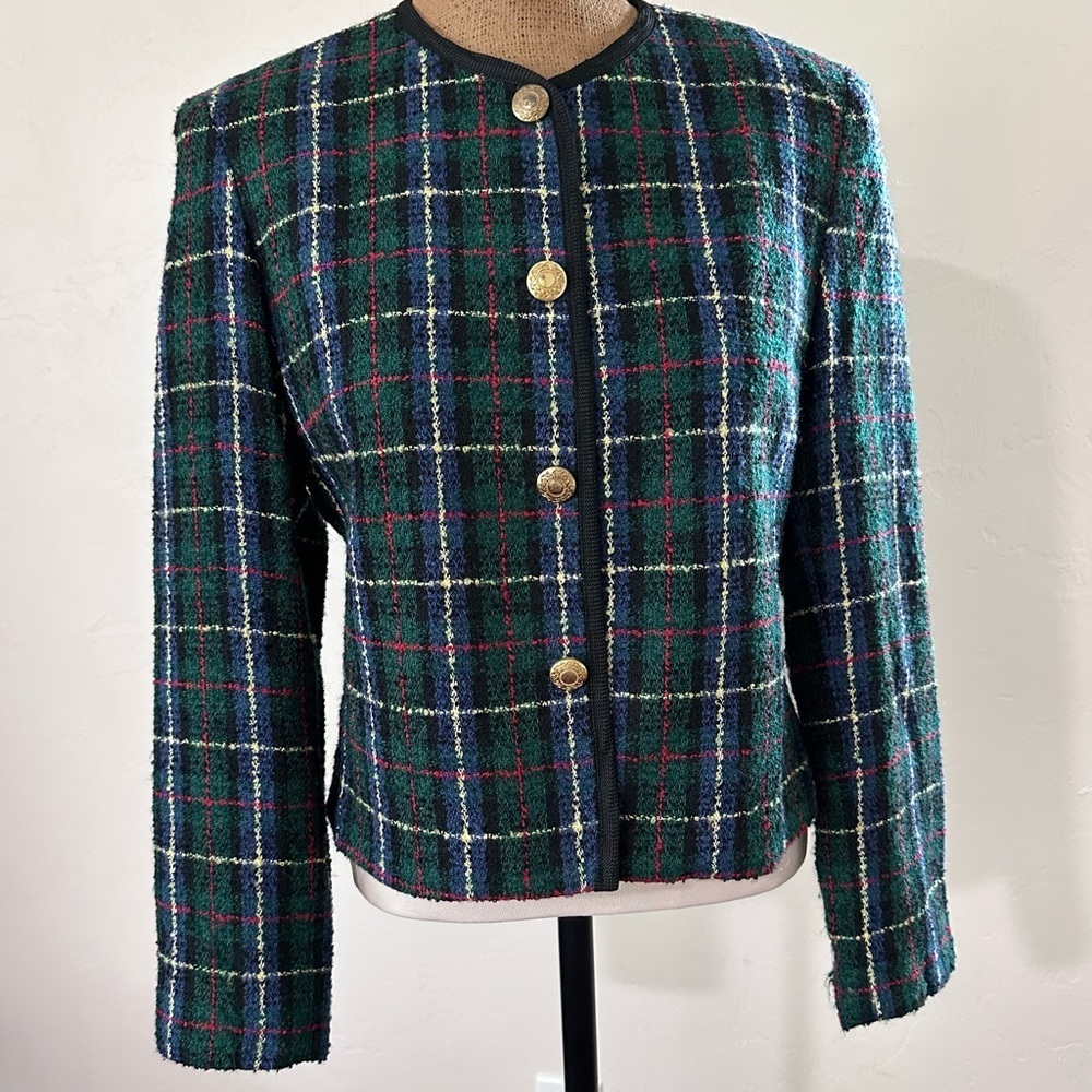 Appleseed’s Tartan Plaid Blazer Jacket Nubby Tweed Green Blue Black Red Lined